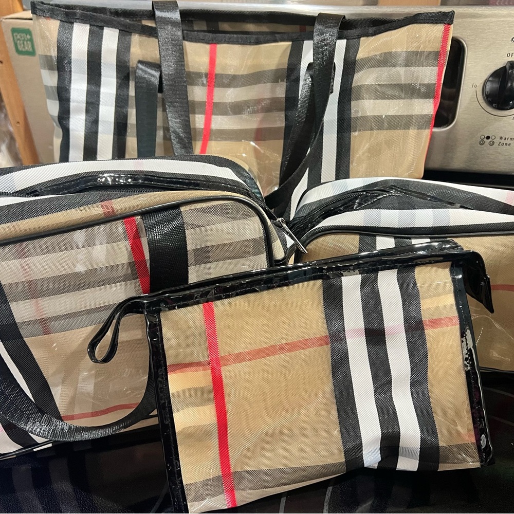 Plaid Tote and Pouch Set - Black, Red, Tan